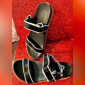 London Fog Stellar Strappy Sandals Black And White With Velcro & Clip Strap